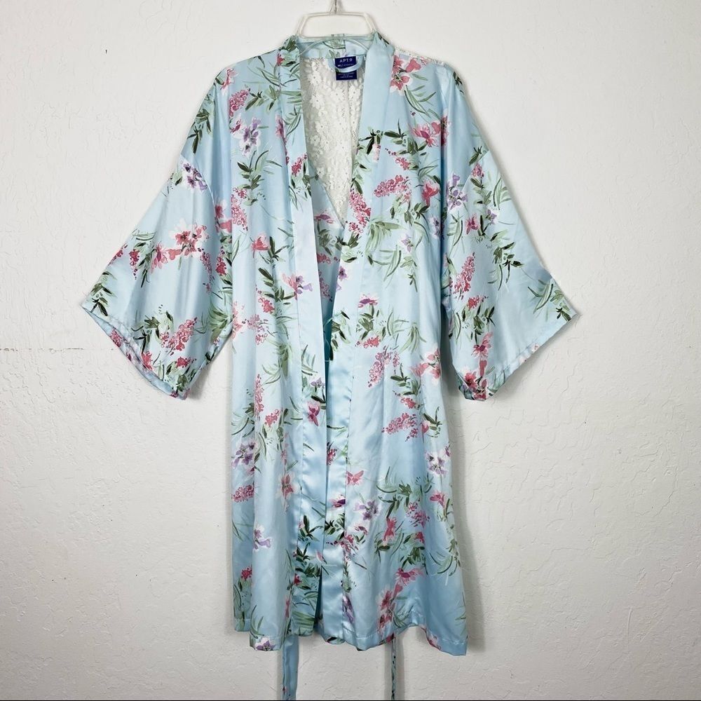 Apt. 9 Light Blue Floral Lace Satin Kimono Sleeve Robe